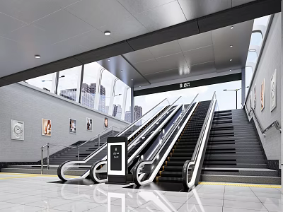 Bright Modern Subway Station Interior With Escalators Stairs Large Windows And Wall Artworks 3d model
