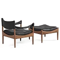 Modern Black Leather Lounge Chair With Walnut Wooden Frame And Ottoman