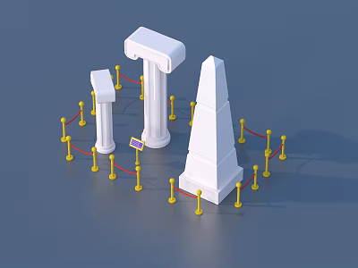 Classical White Architectural Structures Surrounded by Yellow Posts and Red Ropes 3d model