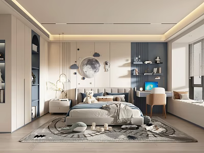 Cozy Kids Room Interior Design With Moon Decor Bookshelves Toys And Soft Rug Lighting 3d model