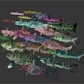 Various Colored Sharks Displayed in Layered Arrangement on Gray Background