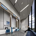 Modern Bank Lobby Interior Design With Open Counters Blue Seats And Wooden Decorations