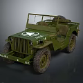 Vintage Green Military Jeep with Open Top White Logo and Large Off Road Tires