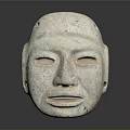 Ancient Carved Stone Mask With Textured Surface Facial Features Displayed On Dark Background