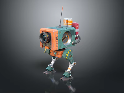 Smart Machine Robot With Camera Antenna Orange Green Mechanical Legs 3d model