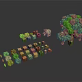 Pixel Art Style 3D Render With Tree Wooden Blocks And Small Plants