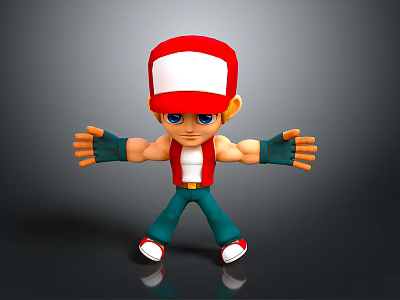 3D Cartoon Character With Red Cap Blue Eyes Red Vest Green Pants And Arms Outstretched 3d model