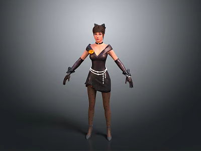 A Woman In Black Dress With Cat Ears Long Gloves And White Belt 3d model