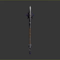 Fantasy Battle Axe Featuring Glowing Red Yellow Accents And Detailed Wooden Handle Design