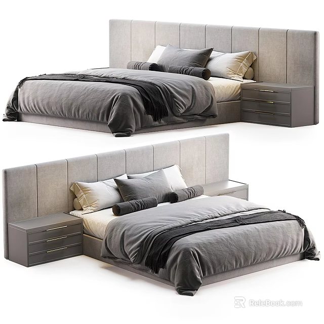Modern Double Bed with Upholstered Headboard Gray Pillows and Nightstand Drawers 3d model 