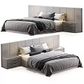 Modern Double Bed with Upholstered Headboard Gray Pillows and Nightstand Drawers