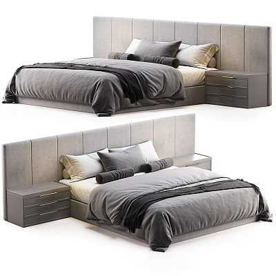 Modern Double Bed with Upholstered Headboard Gray Pillows and Nightstand Drawers 3d model