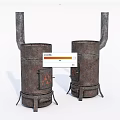 Vintage Kitchen Cookware Featuring Two Rustic Metal Stoves With Chimneys 3d model