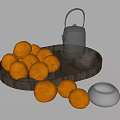 Fresh Oranges on Wooden Tray with Silver Kettle Glass Cups Gray Bowl and Extra Oranges