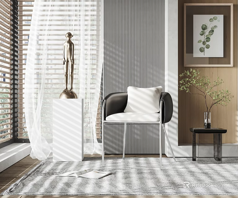 Modern Accent Chair With Black White Design Side Table Plant And Window Blinds 3d model 