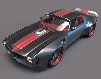 Vintage Black Sports Car With Red Stripes And Red Rims Sporty Design 3d model