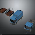 Blue Delivery Trucks And Red Flatbed Trailers For Commercial Transport Use