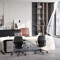 Modern White Office Desk with Laptop Documents Black Office Chairs Red Chair near Bookshelf Window