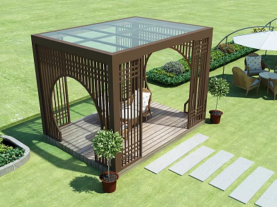 Outdoor Garden Canopy With Brown Frame Glass Roof And Green Plants 3d model
