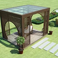 Outdoor Garden Canopy With Brown Frame Glass Roof And Green Plants