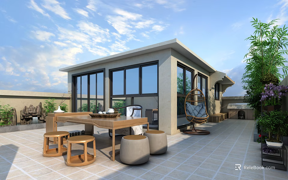 Villa Balcony With Wooden Dining Table Hanging Chair Green Plants And Glass Doors 3d model 