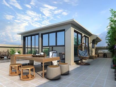 Villa Balcony With Wooden Dining Table Hanging Chair Green Plants And Glass Doors 3d model