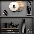 Modern Black Bookcase Featuring Multi Tiered Shelves With Books And Decorative Items