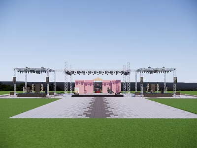 Outdoor Stage Setup With Metal Truss Pink Backdrop Grass Field And Sound Equipment 3d model