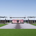 Outdoor Stage Setup With Metal Truss Pink Backdrop Grass Field And Sound Equipment