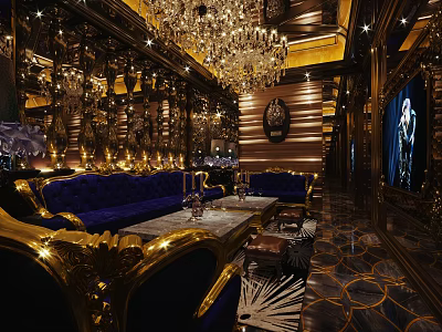 Luxury KTV Interior Design With Crystal Chandelier Blue Sofa And Mirrored Walls 3d model