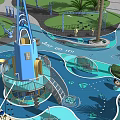 Outdoor Children's Play Area With Palm Trees Water Features Slide And Sand Pit