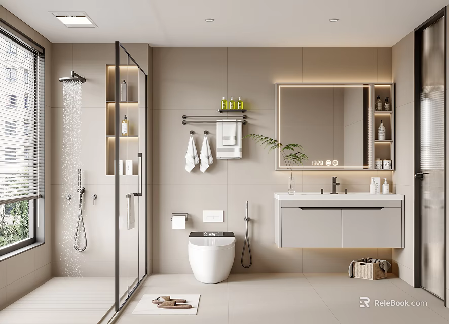 Modern Bathroom Interior With Glass Shower Wall Mounted Vanity Mirror And Toilet 3d model 