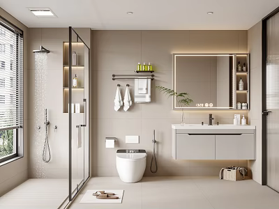 Modern Bathroom Interior With Glass Shower Wall Mounted Vanity Mirror And Toilet 3d model
