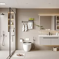 Modern Bathroom Interior With Glass Shower Wall Mounted Vanity Mirror And Toilet