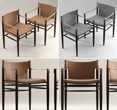 Modern Leather Upholstered Dining Chairs With Brown And Gray Colors Wooden Legs And Armrests 3d model