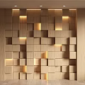 Modern Wooden Accent Wall With Geometric Block Design And Built-in Lighting