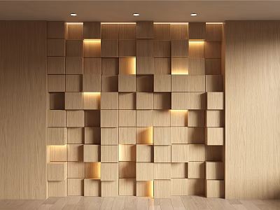 Modern Wooden Accent Wall With Geometric Block Design And Built-in Lighting 3d model