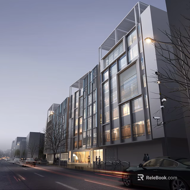 Modern Commercial Street Architectural Exterior With Glass Curtain Walls Evening Lights Pedestrians And Vehicles 3d model 