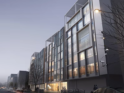 Modern Commercial Street Architectural Exterior With Glass Curtain Walls Evening Lights Pedestrians And Vehicles 3d model
