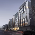 Modern Commercial Street Architectural Exterior With Glass Curtain Walls Evening Lights Pedestrians And Vehicles