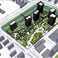 Modern High Rise Office Buildings With Central Green Spaces And Urban Plaza