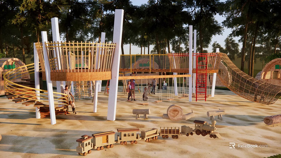Outdoor Children's Play Area Featuring Wooden Climbing Frame Red Slide Mini Train And Woodland Backdrop 3d model 