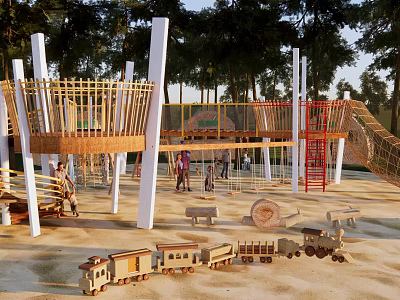 Outdoor Children's Play Area Featuring Wooden Climbing Frame Red Slide Mini Train And Woodland Backdrop 3d model
