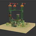 Cartoon Scene Featuring Three Orange Domes with Red Flags on Green Pillars and Small Bushes