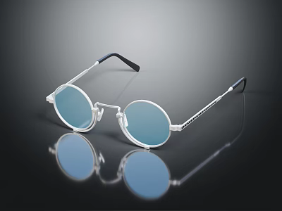 Children's Round Blue Lens Glasses With Silver Frame Black Temples And Shiny Reflection 3d model