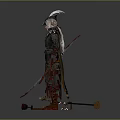 Assassin Themed Man In Feathered Hat Holding Long Sword With Surrounding Tools 3d model