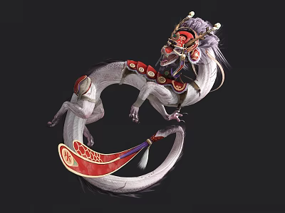 Red Masked Character Riding White Dragon With Ornamental Details And Colorful Ribbons 3d model