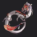 Red Masked Character Riding White Dragon With Ornamental Details And Colorful Ribbons