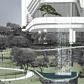 Modern Urban Commercial Complex with Waterfall Feature Green Space and Pedestrian Plaza Area