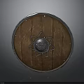 Medieval Round Shield Weapon Featuring Wooden Surface And Metal Star Decoration 3d model